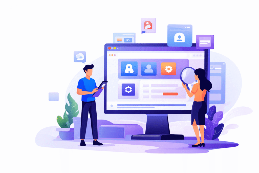 People discovering digital tools and software on a computer screen illustration