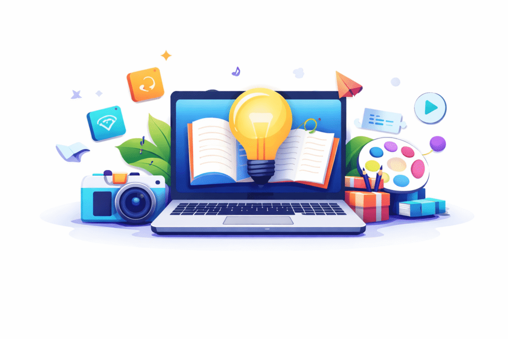 free online digital resources illustration with laptop books and creative tools