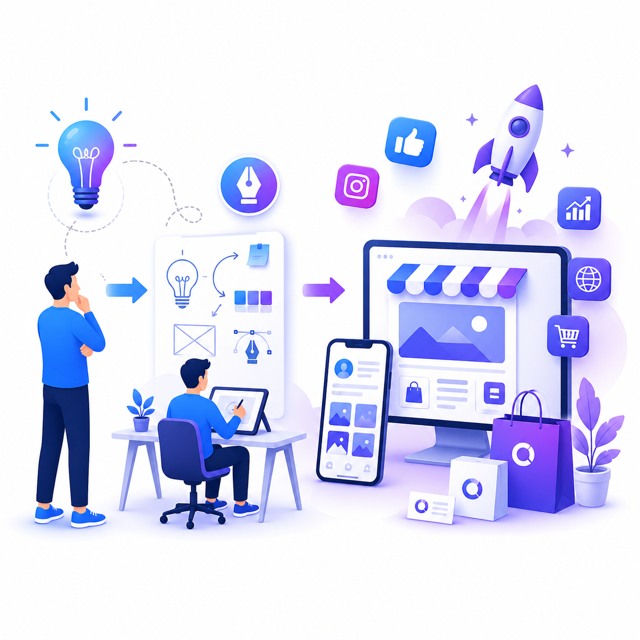 Illustration showing transformation from business idea to online brand with website, mobile app, and digital growth elements