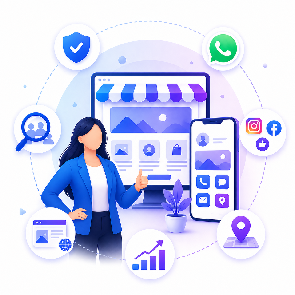 Illustration of successful online business presence with website, mobile app, social media, WhatsApp, and growth analytics