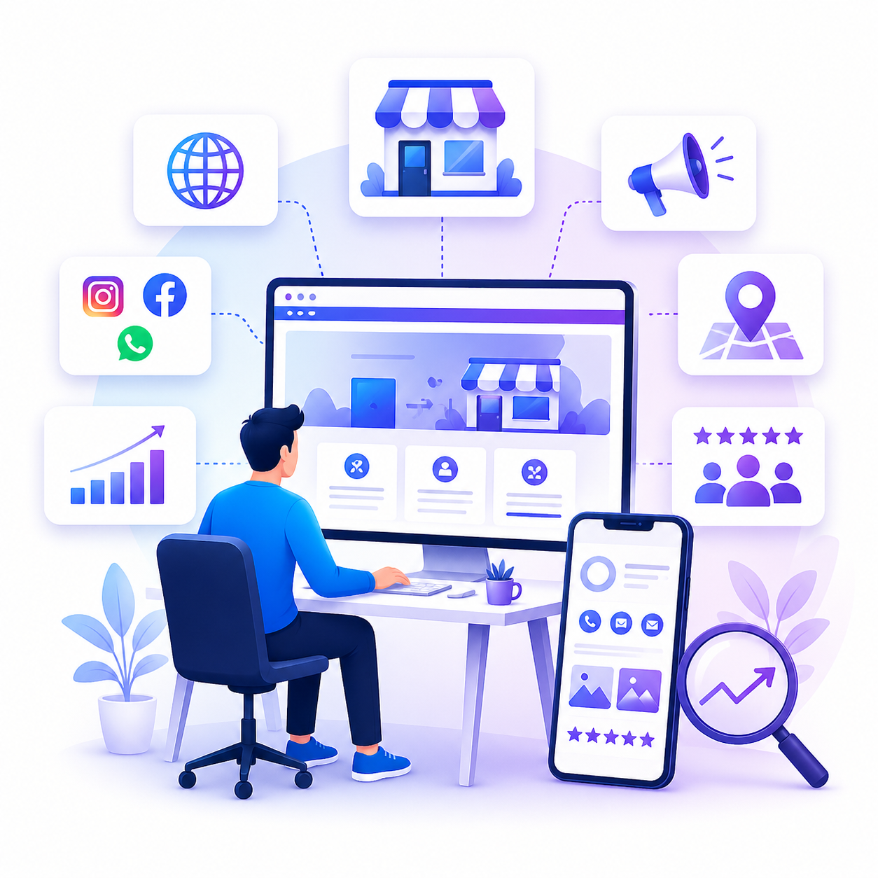 Illustration of complete digital presence setup including website, social media, WhatsApp, and Google business profile for a business