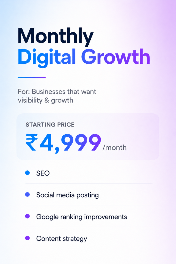 Monthly digital growth service including SEO, social media posting, Google ranking improvement, and content strategy starting at ₹4999 per month