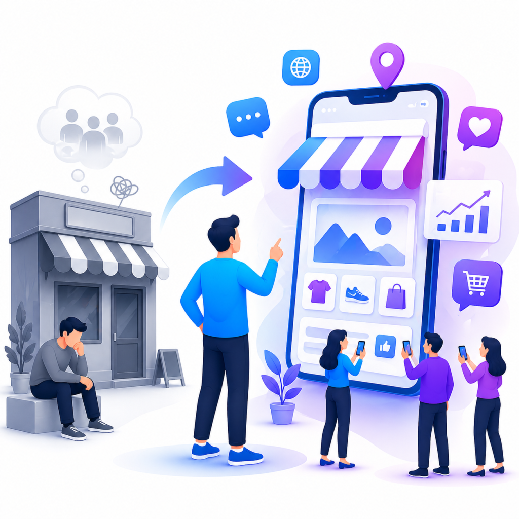 Illustration of offline shop transforming into online mobile store with customers, social media, and digital growth elements