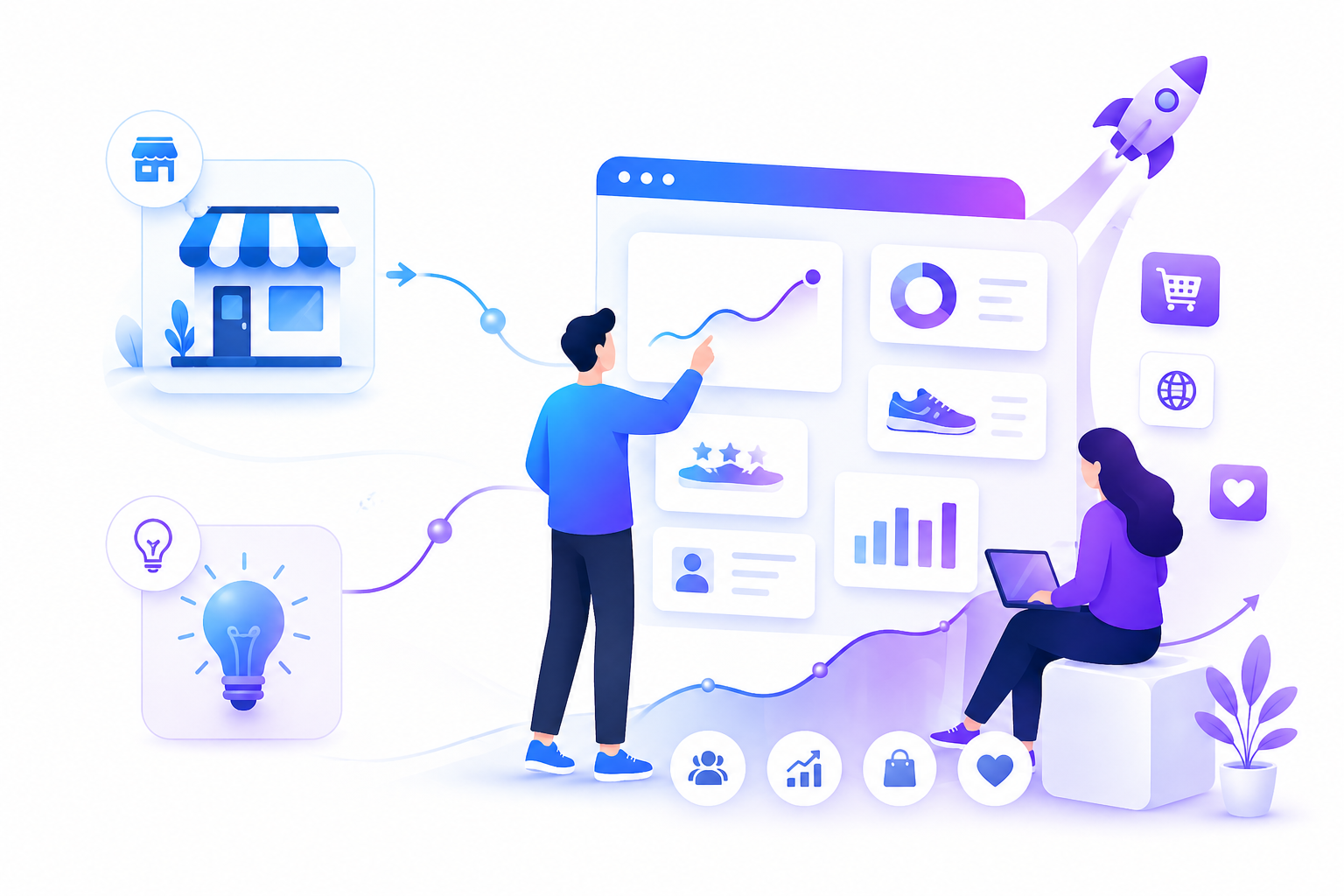 Illustration showing offline business transforming into online digital presence with website, analytics, and growth tools