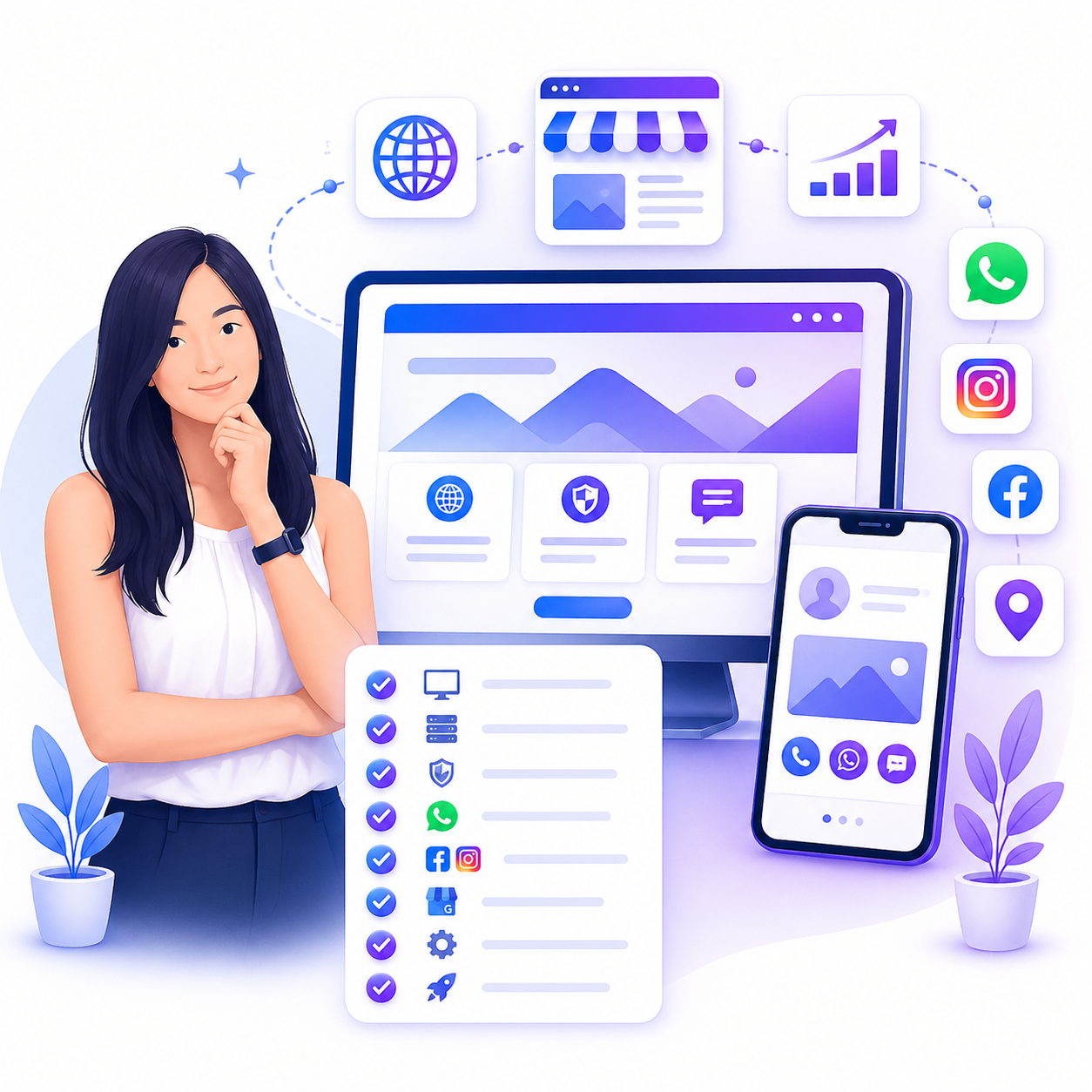 Illustration of professional online presence setup with website, mobile app, social media, WhatsApp, and Google business checklist