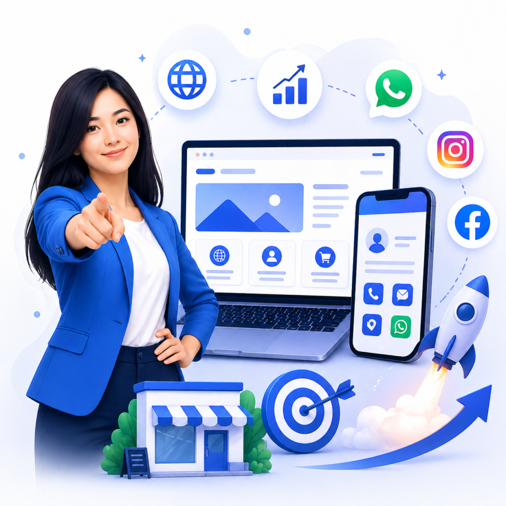 Illustration of business owner pointing forward with website, mobile app, social media, and growth elements encouraging businesses to go online