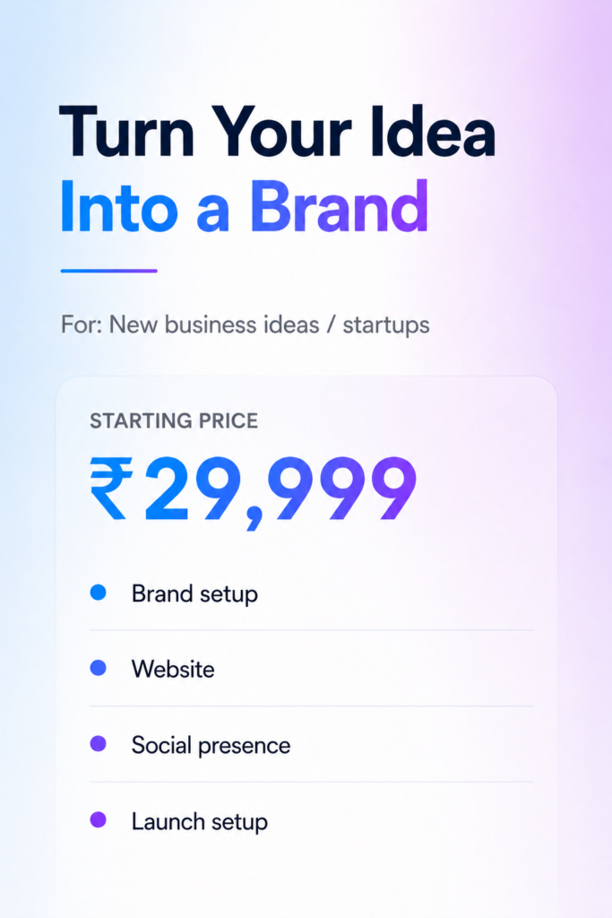 Turn your business idea into a brand with website, social media presence, and launch setup starting at ₹29999